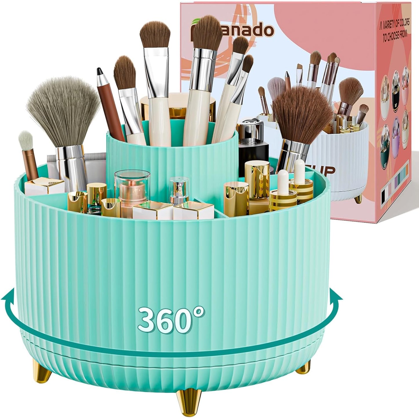 GlowSpin™ 360° Rotating Makeup Organizer - 5-Compartment Desktop Storage for Brushes, Lipsticks & Cosmetics
