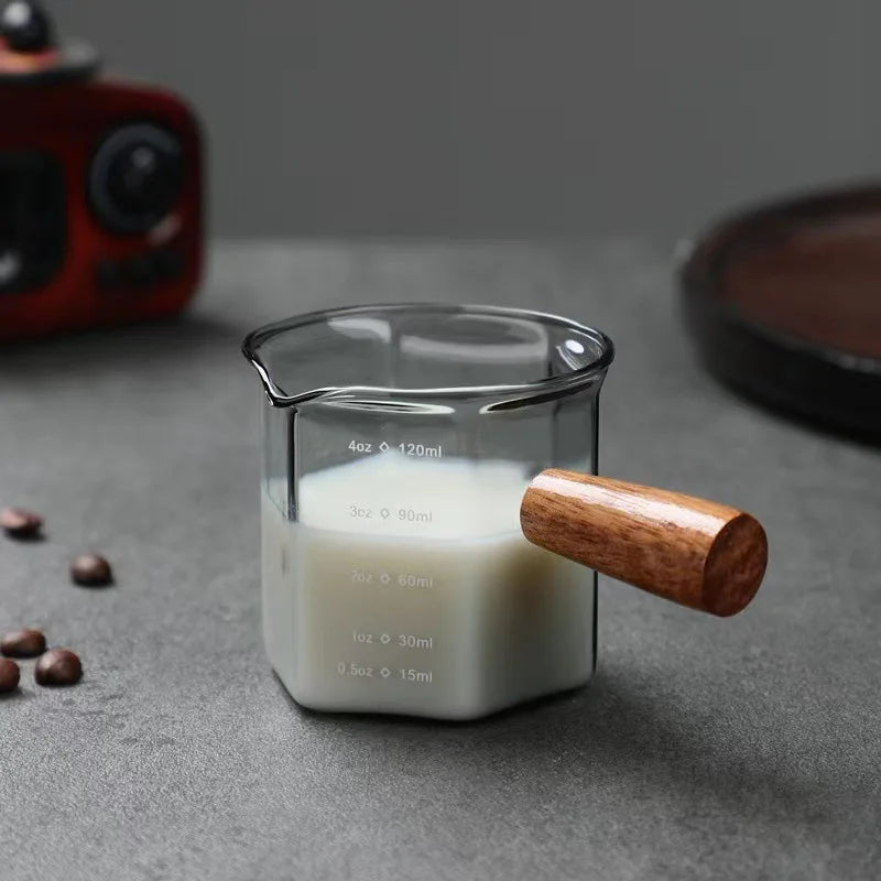 Geometric Coffee Art Jug - Precision 120ml Glass Espresso Cup with Ergonomic Wooden Handle