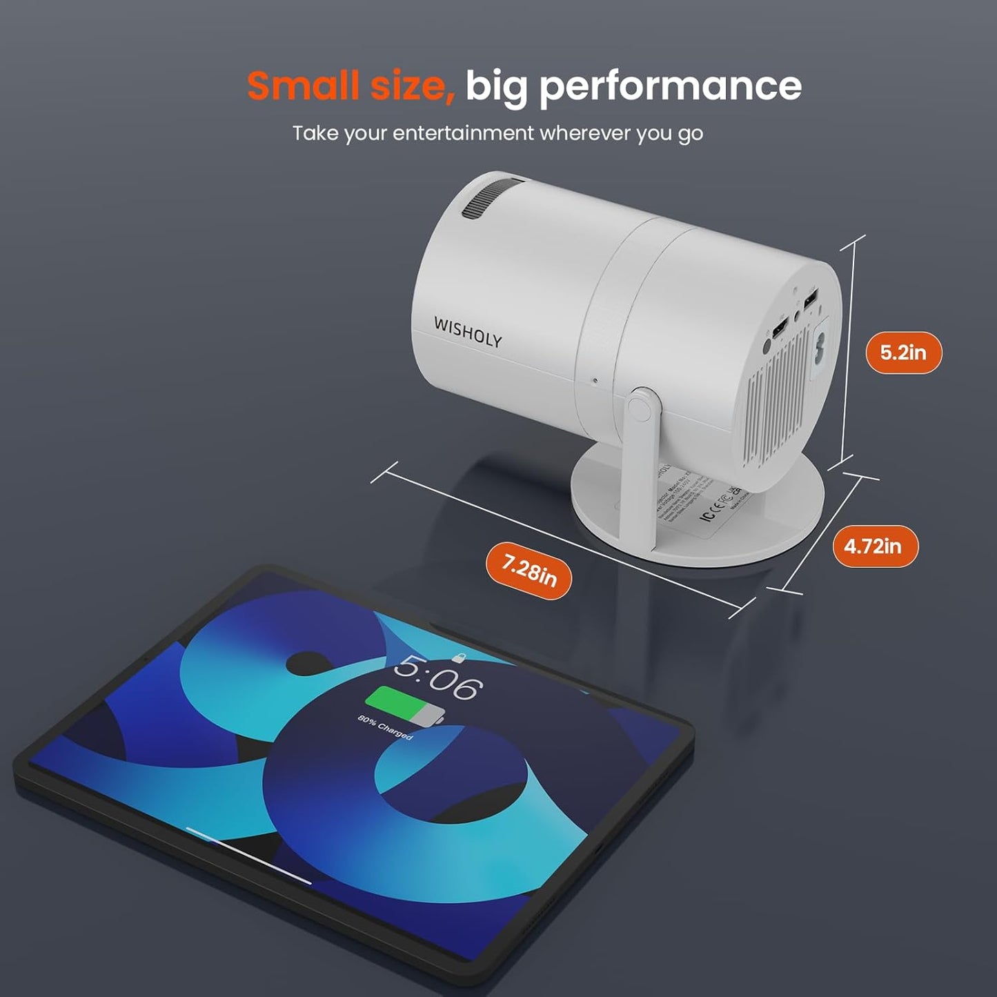WISHOLY Mini Projector - WiFi/Bluetooth, 180° Rotation & Auto Keystone