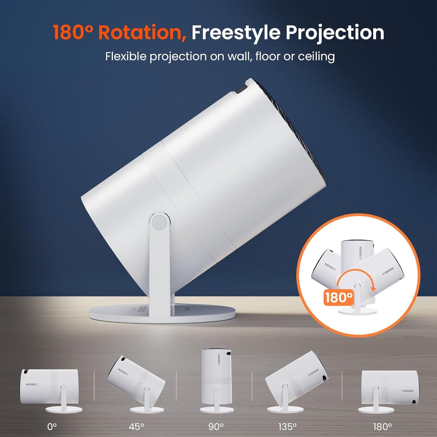 WISHOLY Mini Projector - WiFi/Bluetooth, 180° Rotation & Auto Keystone