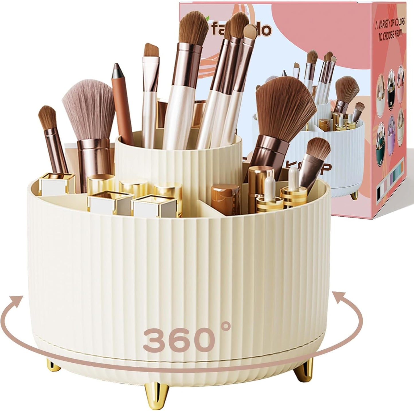 GlowSpin™ 360° Rotating Makeup Organizer - 5-Compartment Desktop Storage for Brushes, Lipsticks & Cosmetics