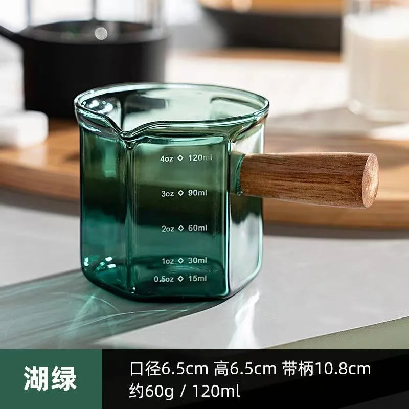 Geometric Coffee Art Jug - Precision 120ml Glass Espresso Cup with Ergonomic Wooden Handle
