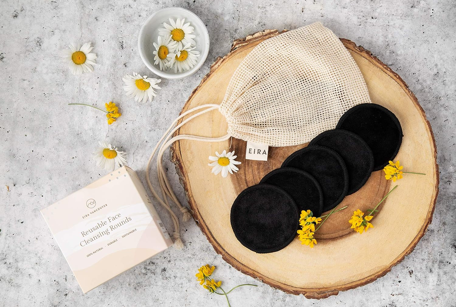 Eira's Reusable Makeup Pads - Black Bamboo Rounds with Wooden Holder