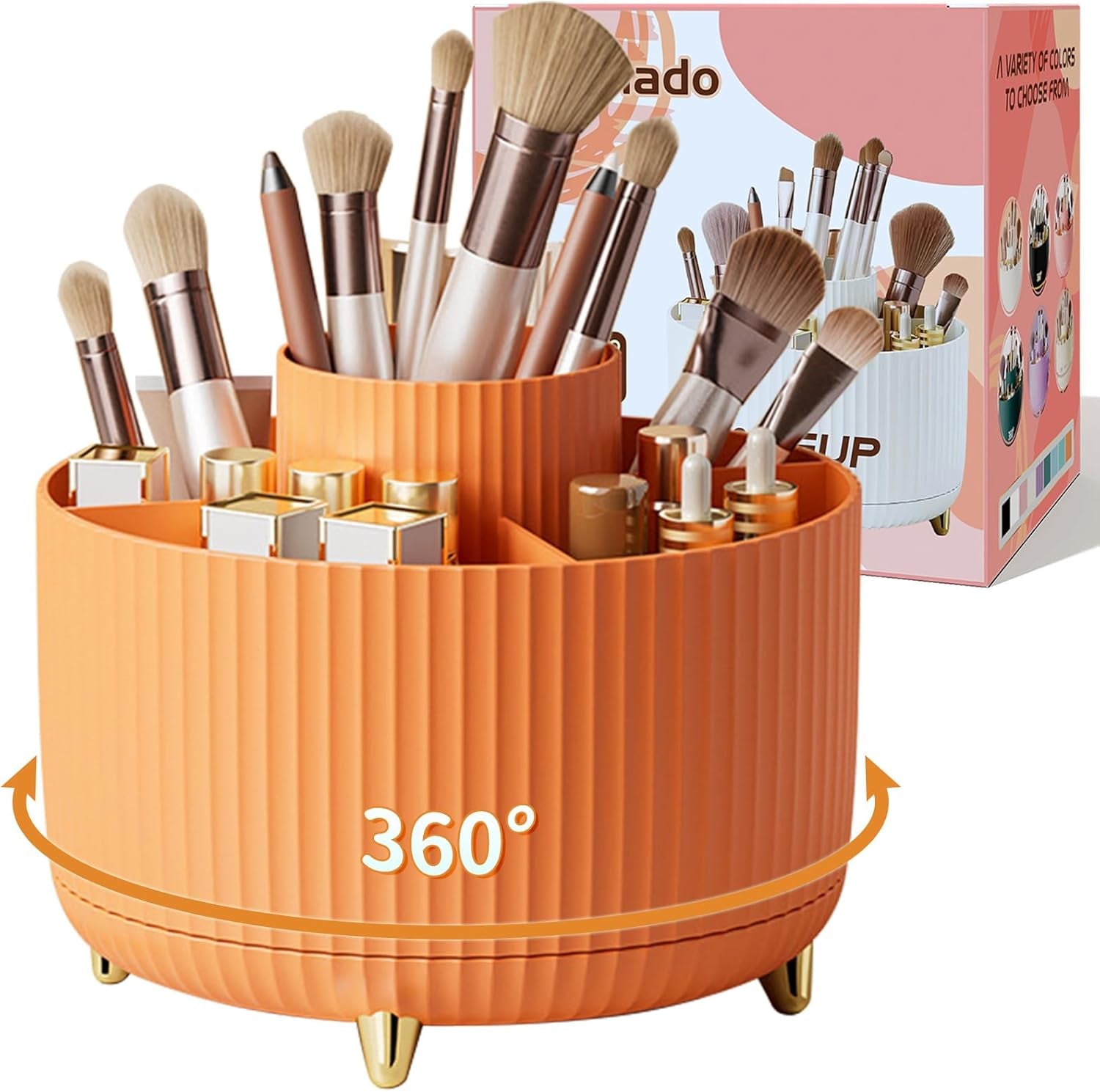 GlowSpin™ 360° Rotating Makeup Organizer - 5-Compartment Desktop Storage for Brushes, Lipsticks & Cosmetics