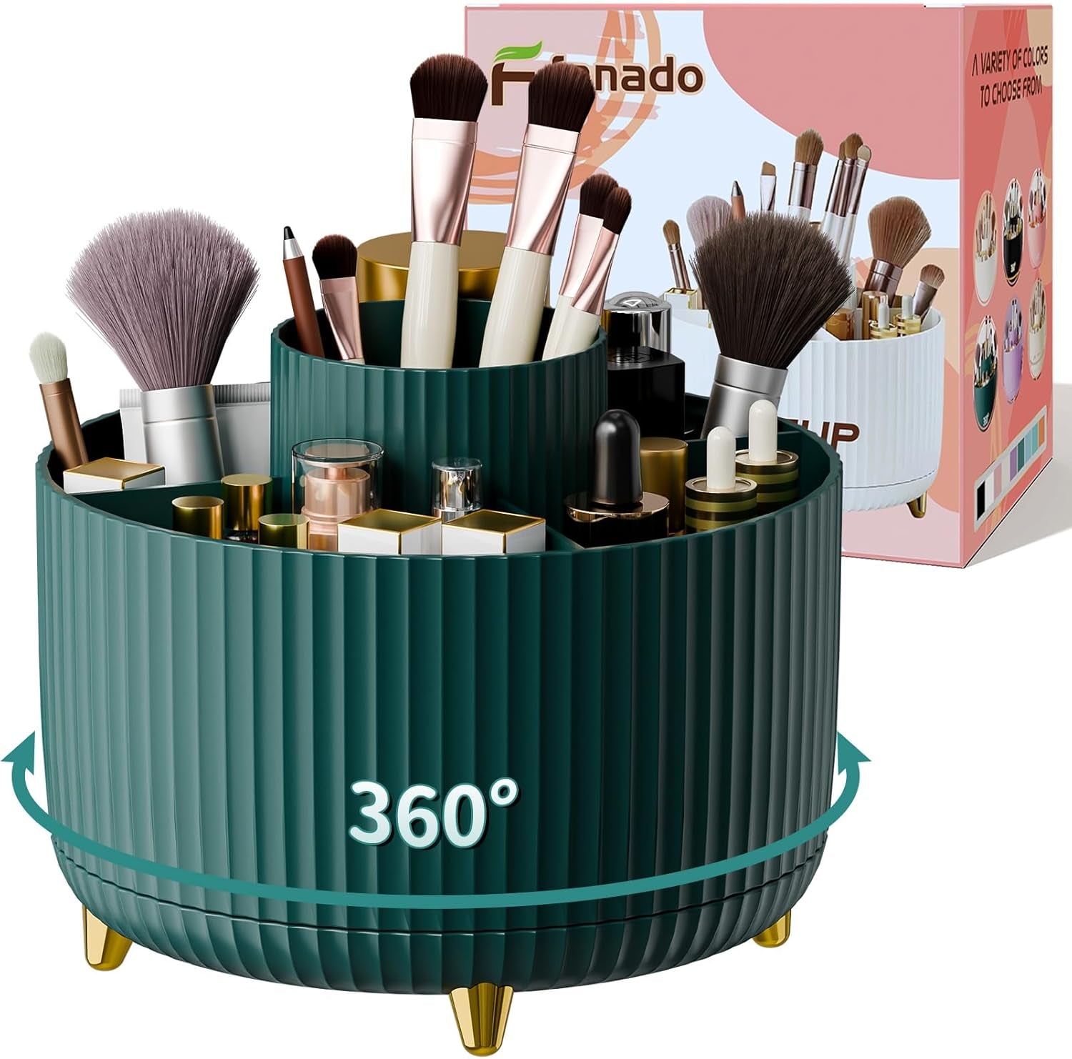 GlowSpin™ 360° Rotating Makeup Organizer - 5-Compartment Desktop Storage for Brushes, Lipsticks & Cosmetics