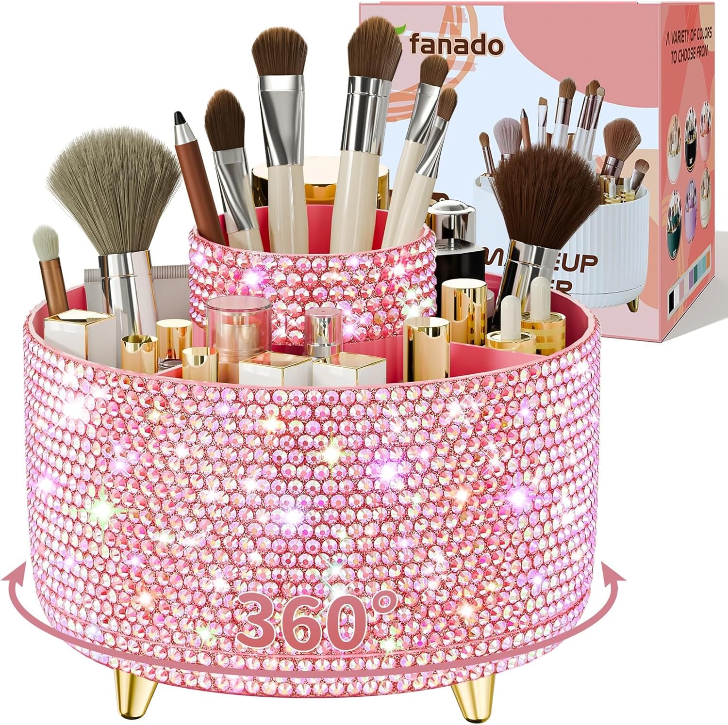 GlowSpin™ 360° Rotating Makeup Organizer - 5-Compartment Desktop Storage for Brushes, Lipsticks & Cosmetics
