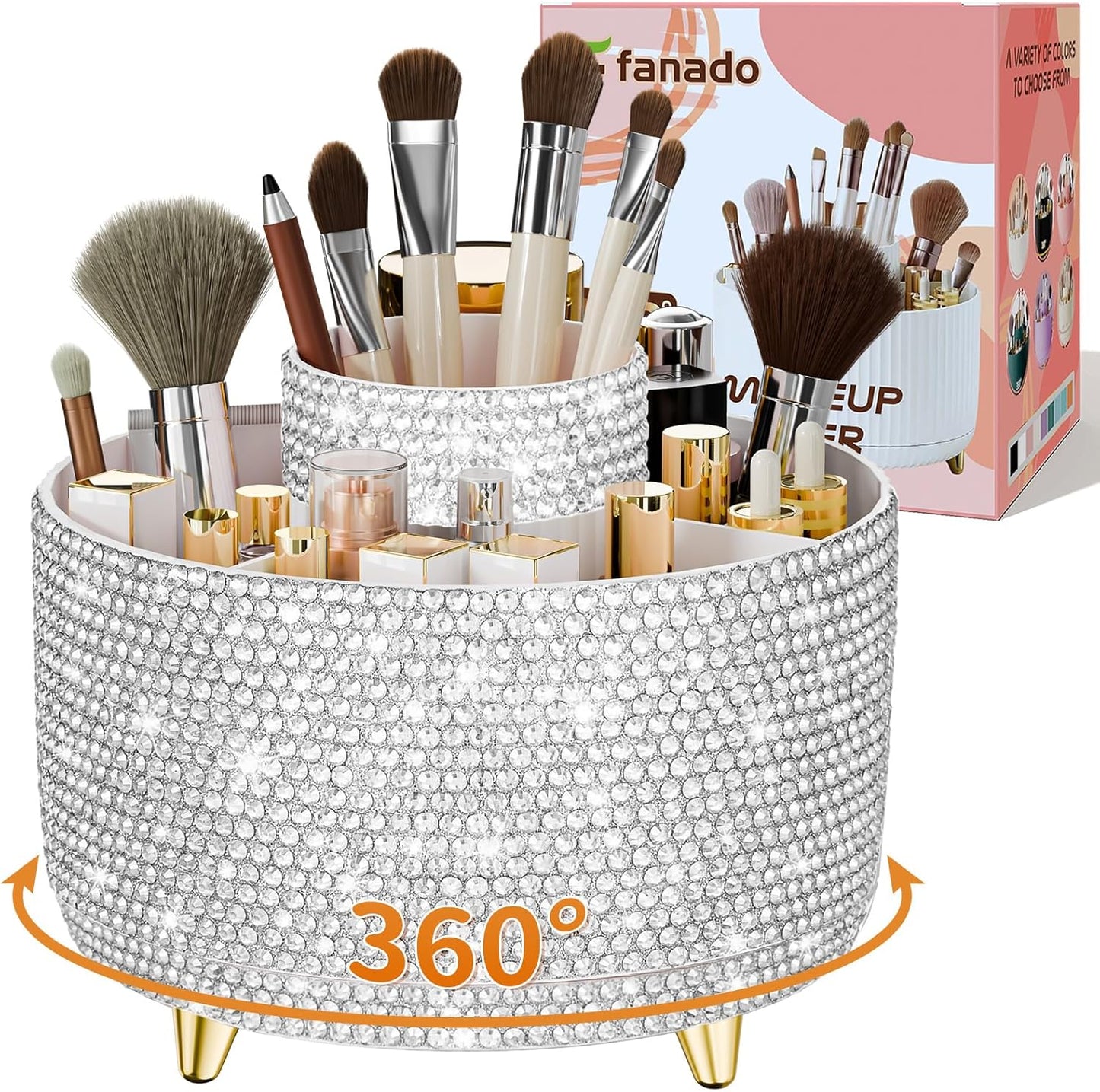 GlowSpin™ 360° Rotating Makeup Organizer - 5-Compartment Desktop Storage for Brushes, Lipsticks & Cosmetics