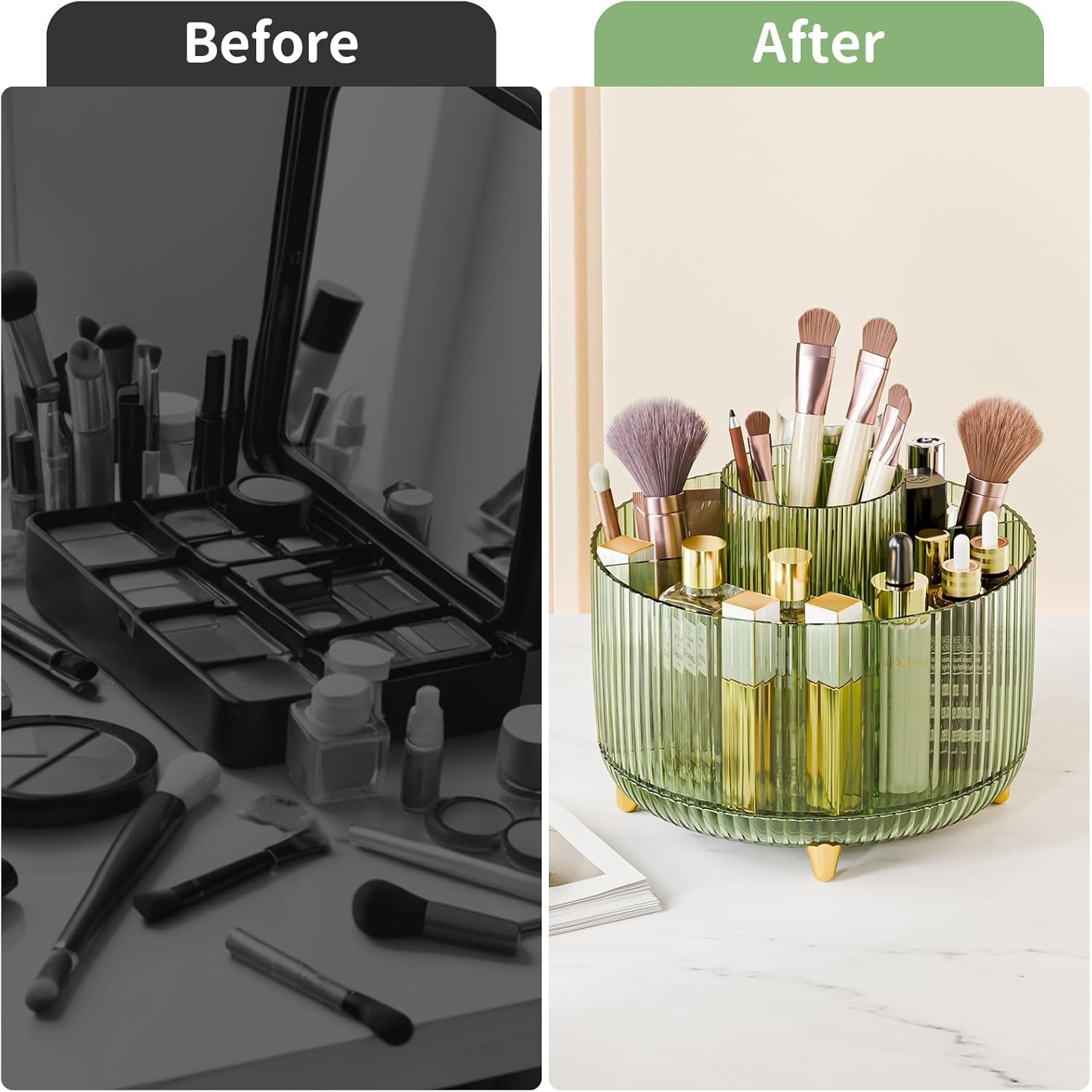GlowSpin™ 360° Rotating Makeup Organizer - 5-Compartment Desktop Storage for Brushes, Lipsticks & Cosmetics