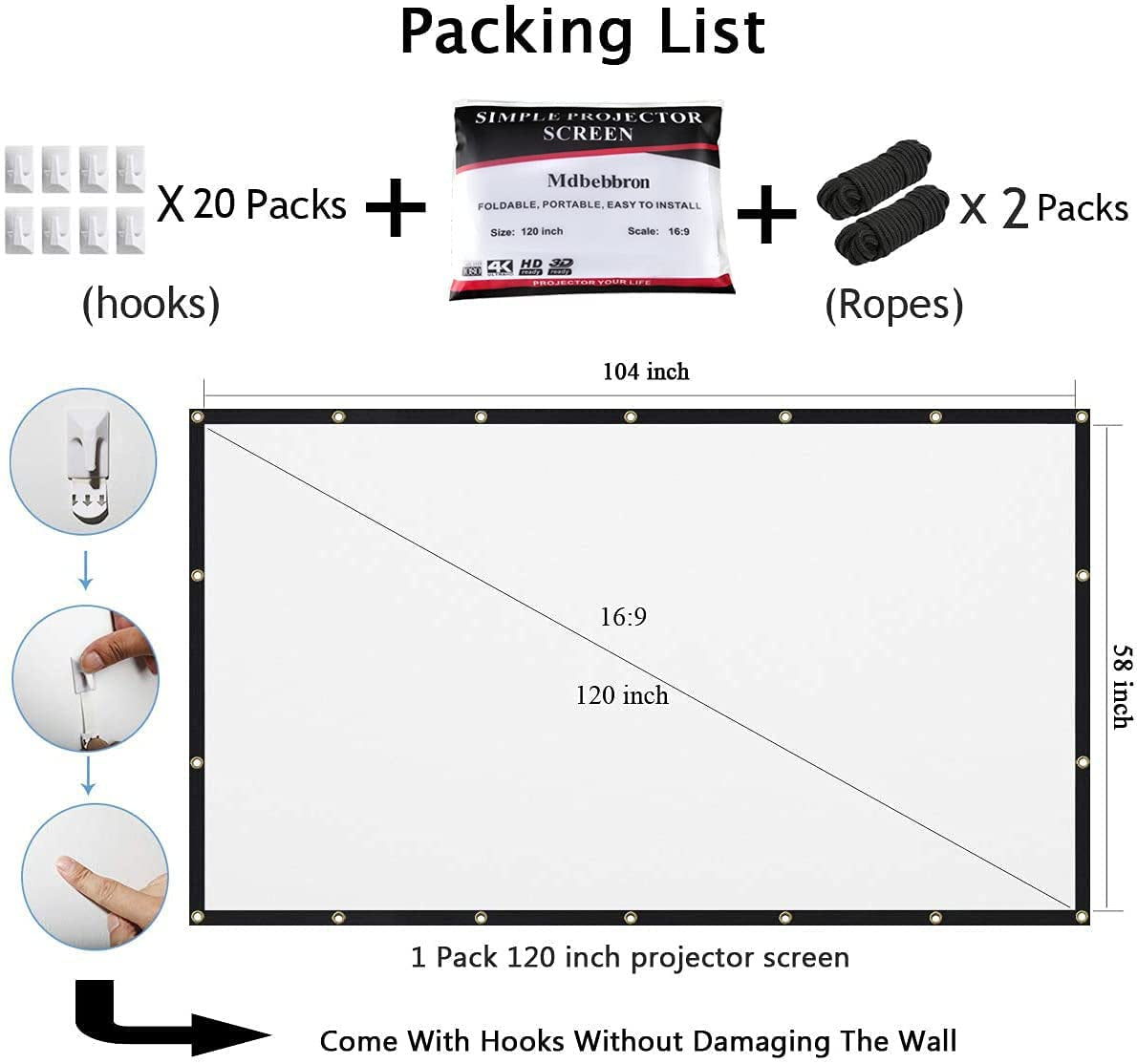 120" Wrinkle-Free Projector Screen - Foldable & Portable (16:9)