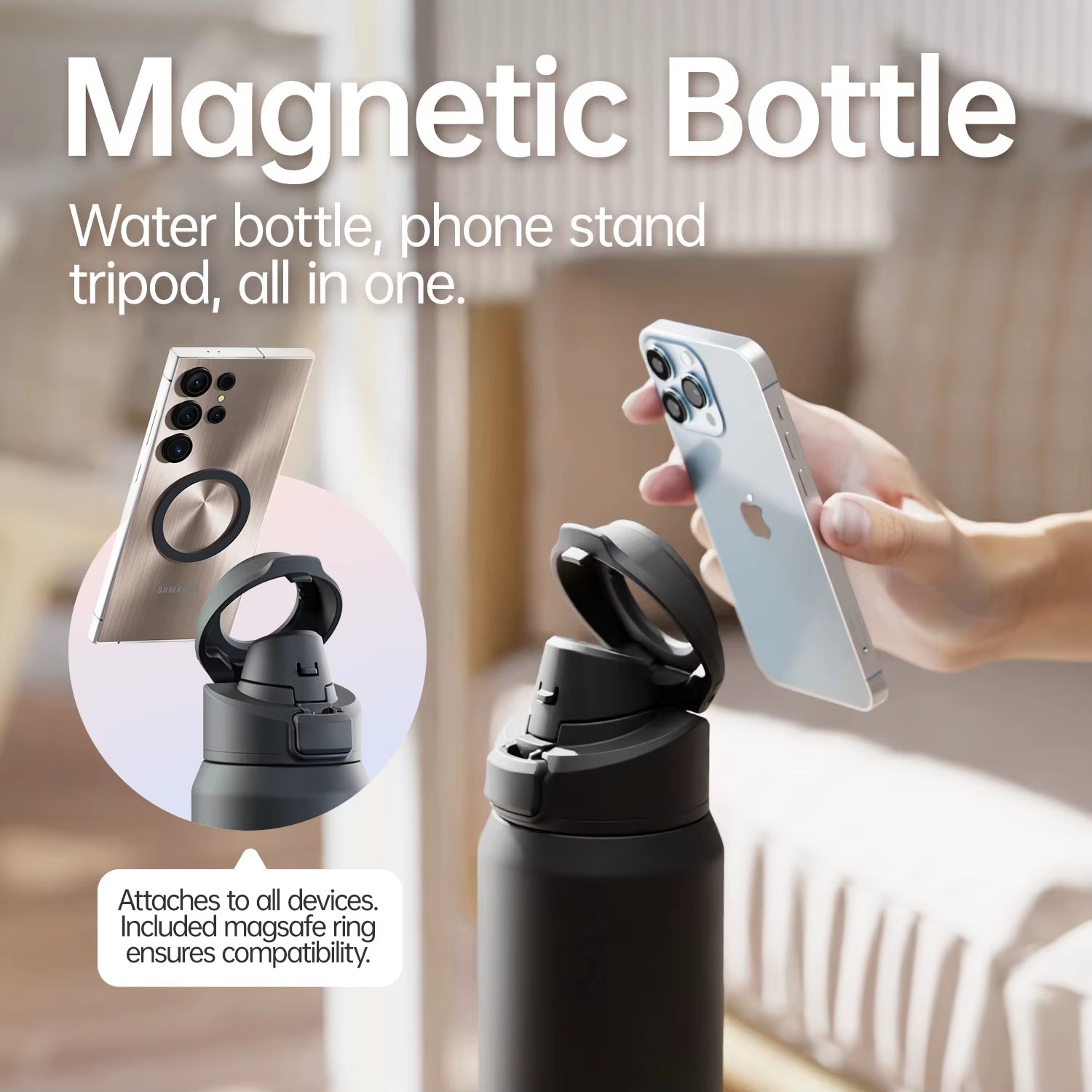 PhoneSip™ Magnetic Water Bottle - Double-Wall Vacuum Stainless Steel with Anti-Slip Phone Mount