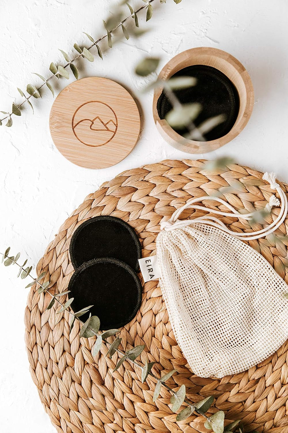 Eira's Reusable Makeup Pads - Black Bamboo Rounds with Wooden Holder
