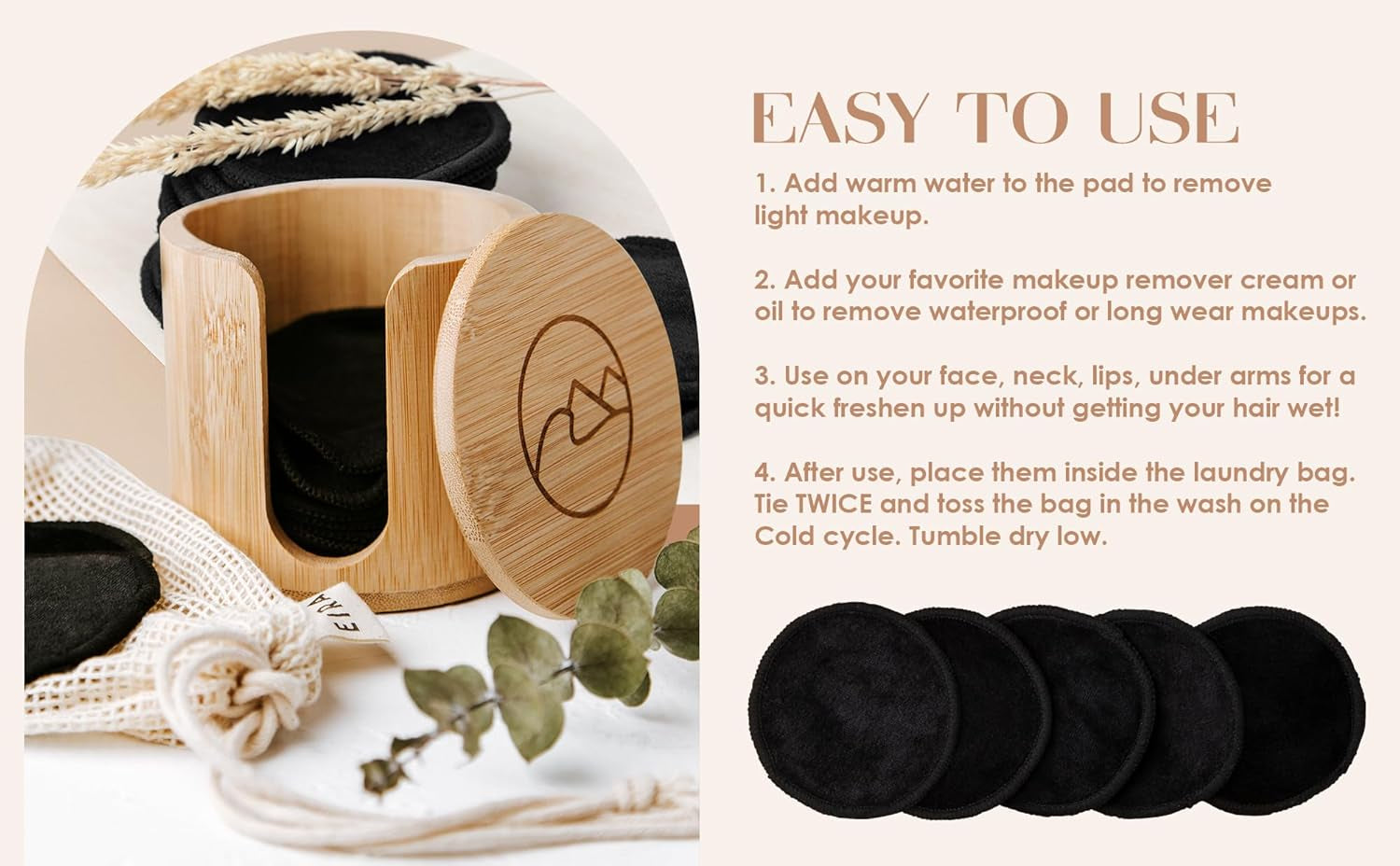 Eira's Reusable Makeup Pads - Black Bamboo Rounds with Wooden Holder