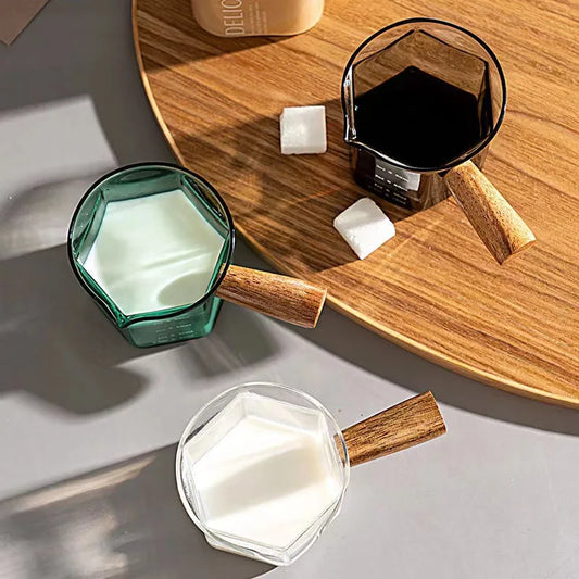 Geometric Coffee Art Jug - Precision 120ml Glass Espresso Cup with Ergonomic Wooden Handle