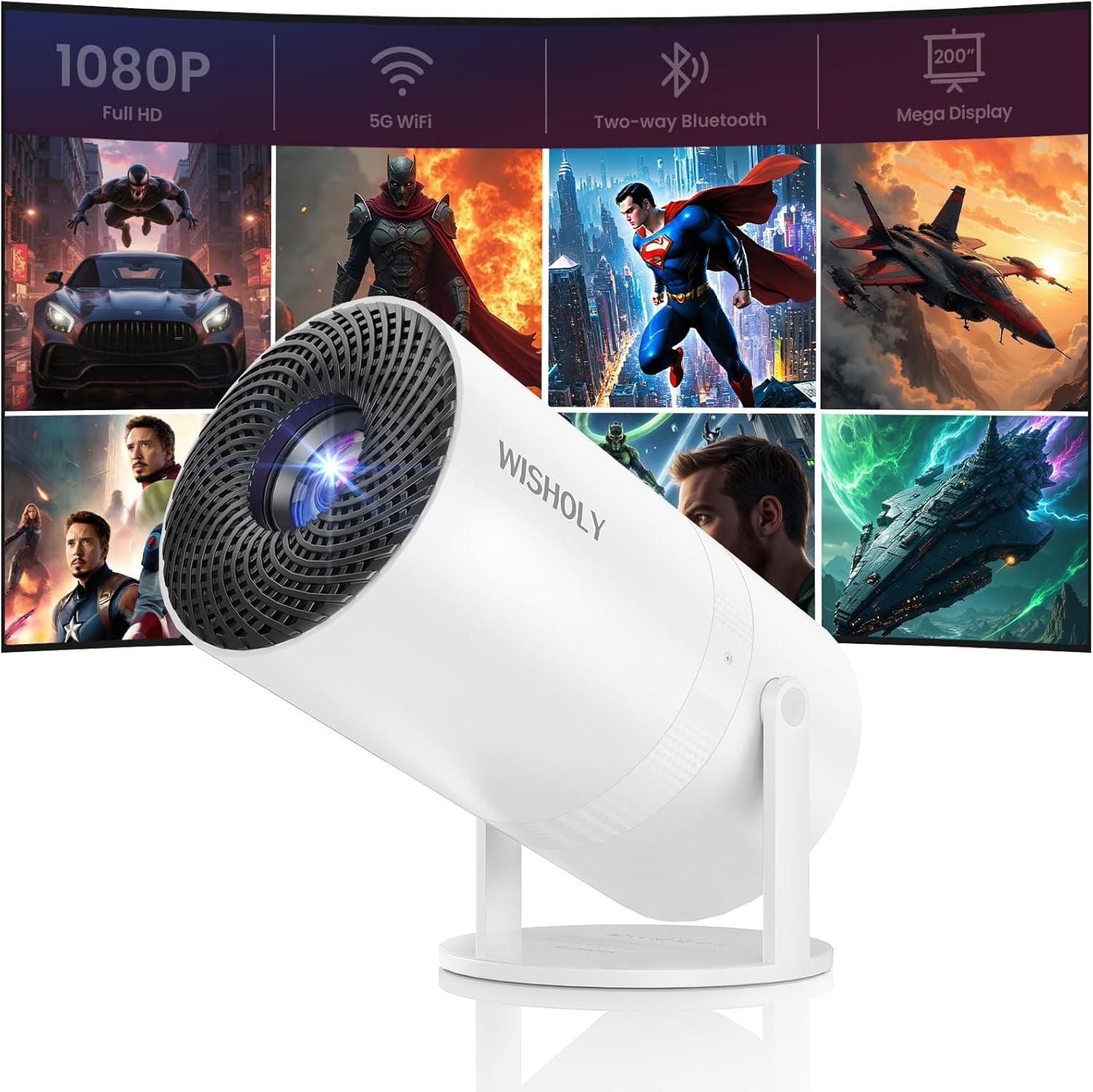 WISHOLY Mini Projector - WiFi/Bluetooth, 180° Rotation & Auto Keystone