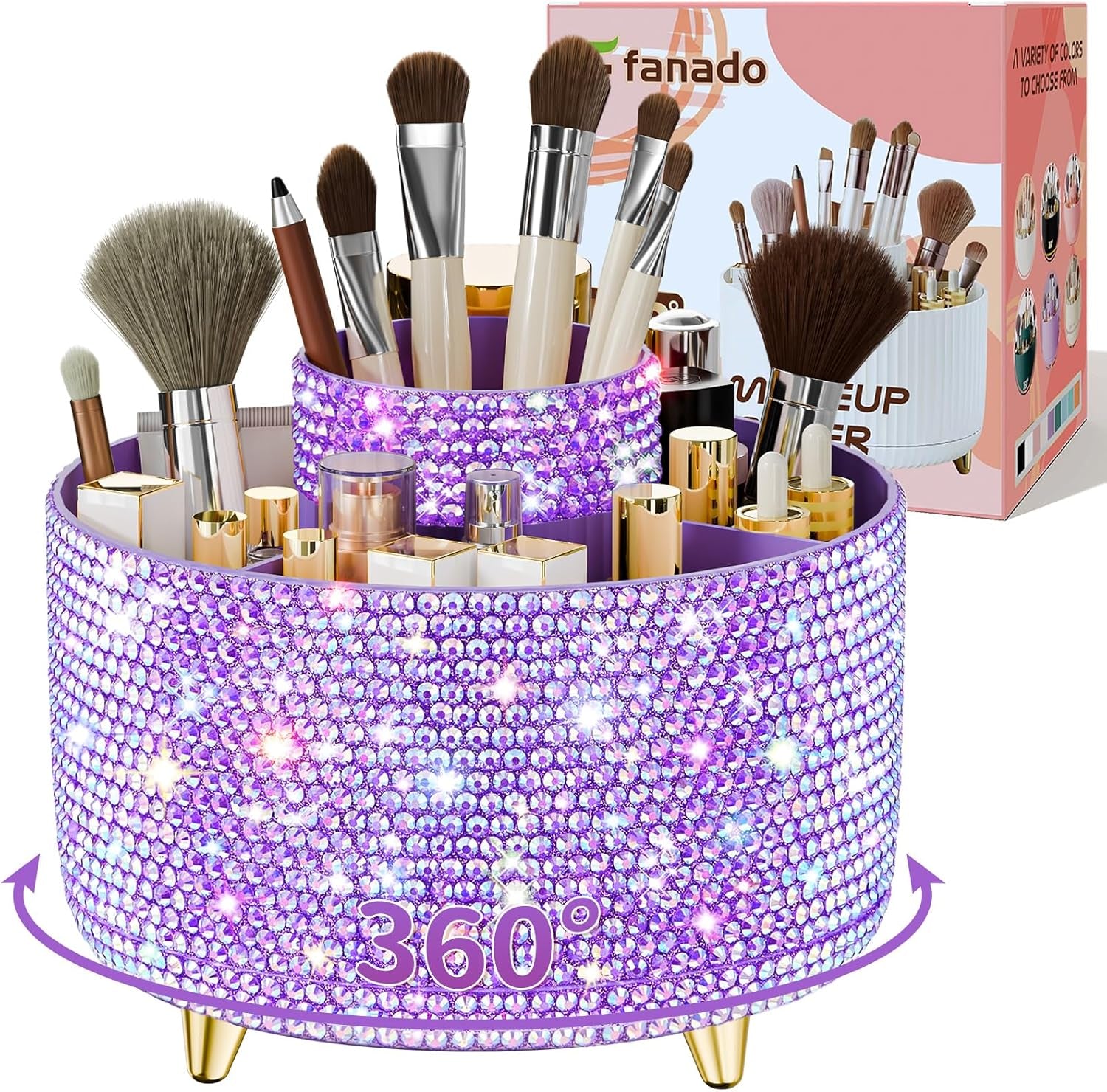 GlowSpin™ 360° Rotating Makeup Organizer - 5-Compartment Desktop Storage for Brushes, Lipsticks & Cosmetics