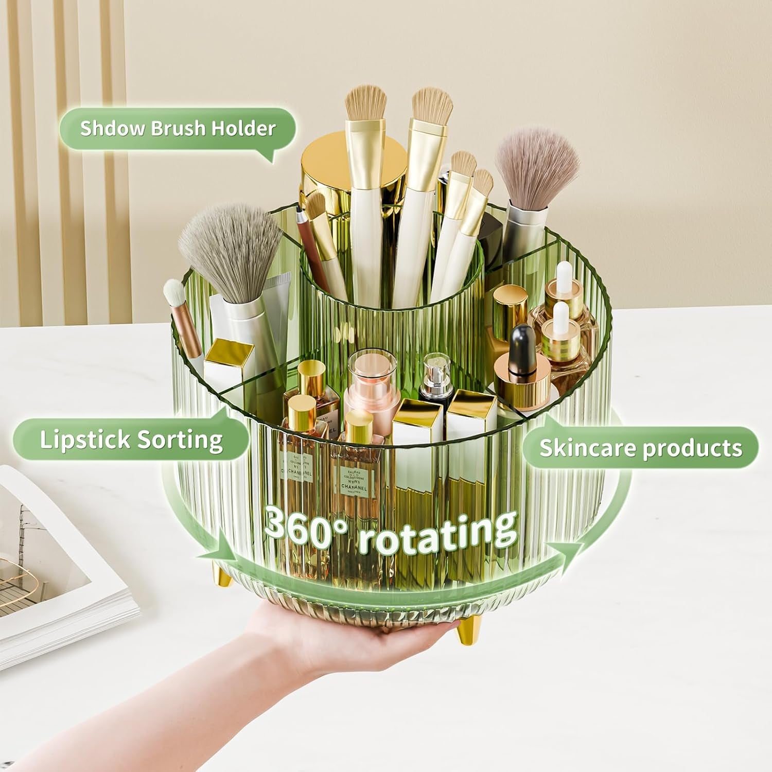 GlowSpin™ 360° Rotating Makeup Organizer - 5-Compartment Desktop Storage for Brushes, Lipsticks & Cosmetics