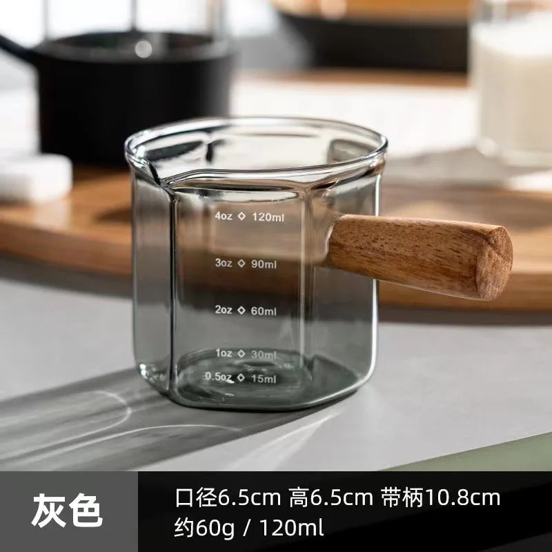 Geometric Coffee Art Jug - Precision 120ml Glass Espresso Cup with Ergonomic Wooden Handle