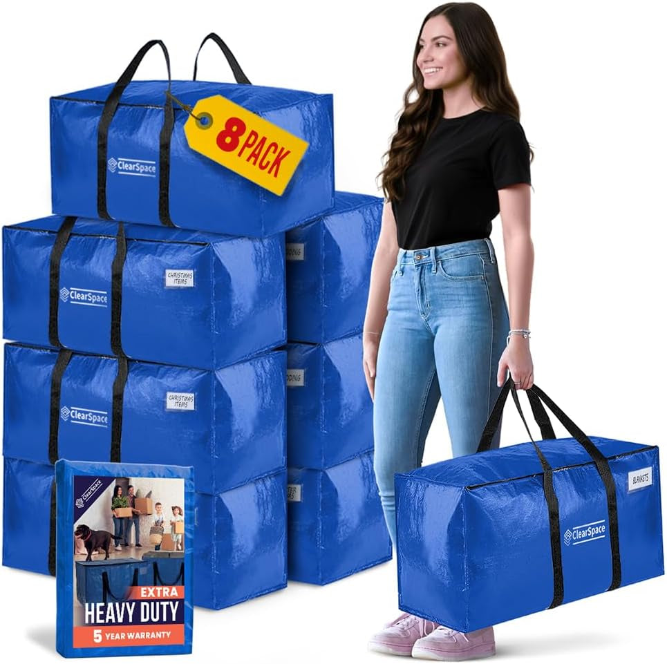 8-Pack Heavy Duty Moving Bags - 600D Fabric, Water-Resistant, Zippered (Blue)