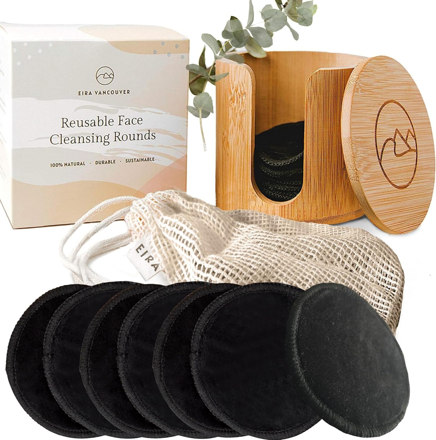 Eira's Reusable Makeup Pads - Black Bamboo Rounds with Wooden Holder