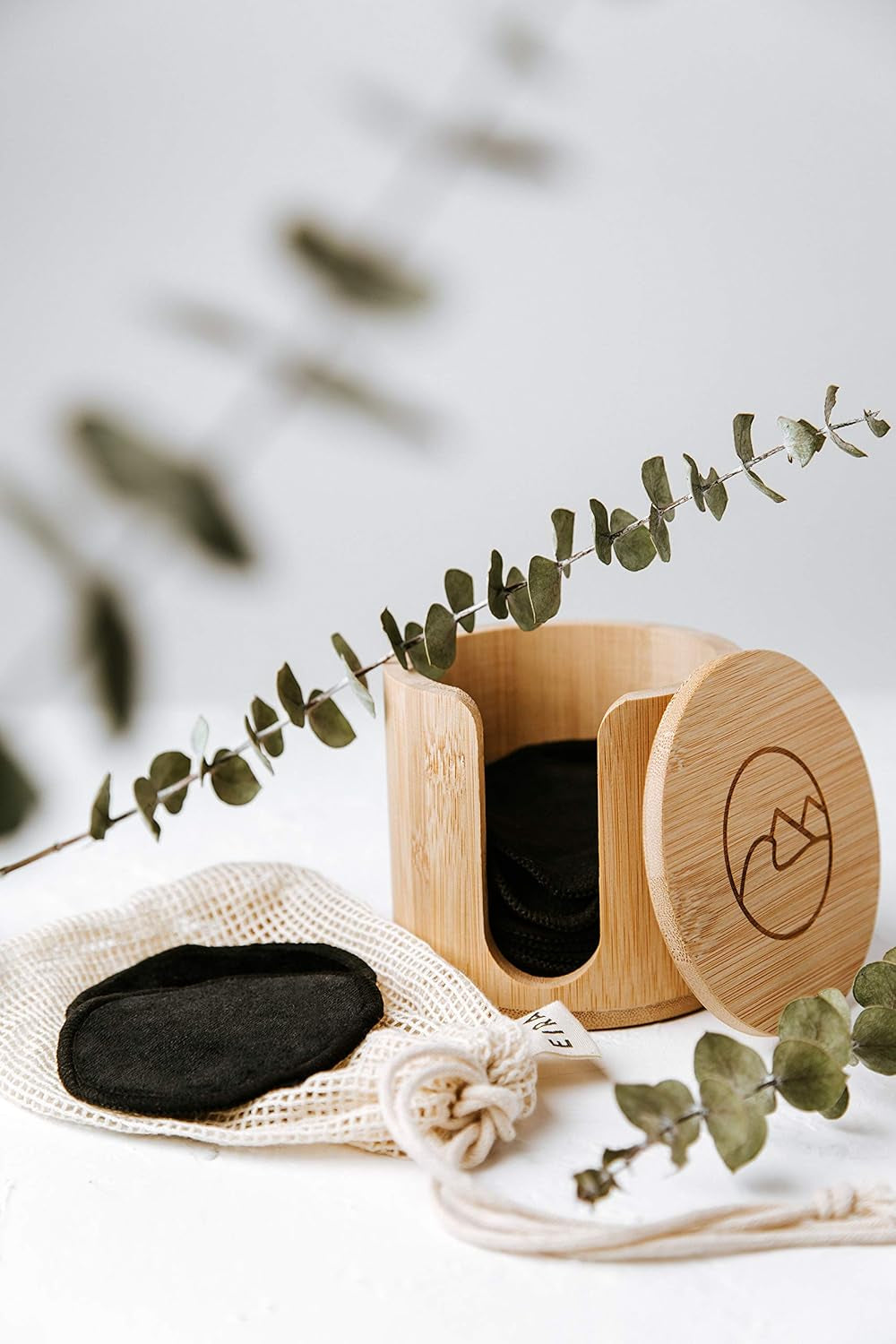 Eira's Reusable Makeup Pads - Black Bamboo Rounds with Wooden Holder