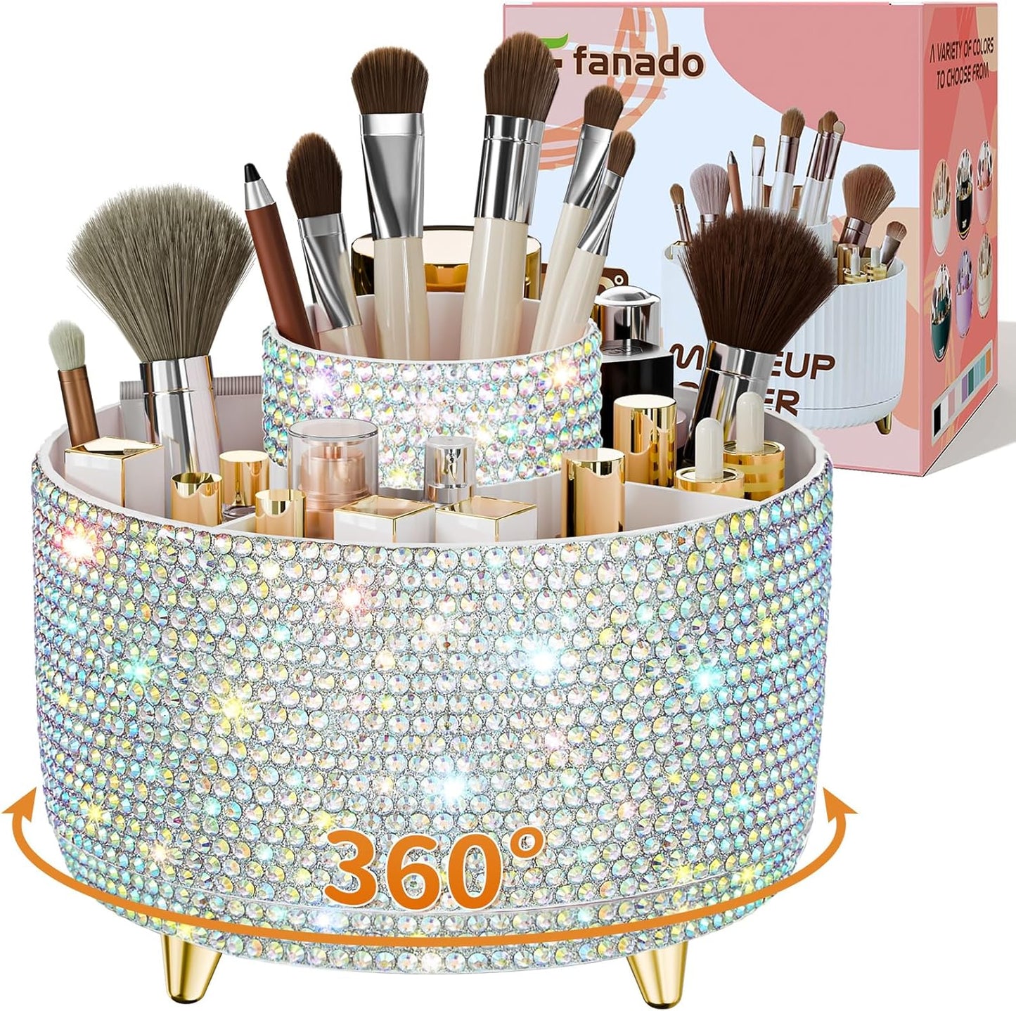 GlowSpin™ 360° Rotating Makeup Organizer - 5-Compartment Desktop Storage for Brushes, Lipsticks & Cosmetics