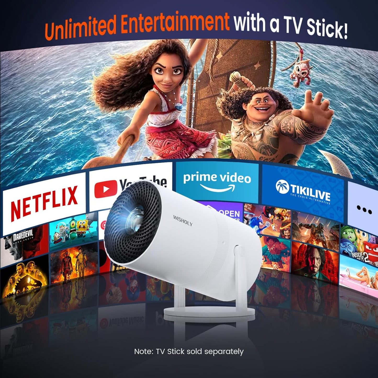 WISHOLY Mini Projector - WiFi/Bluetooth, 180° Rotation & Auto Keystone