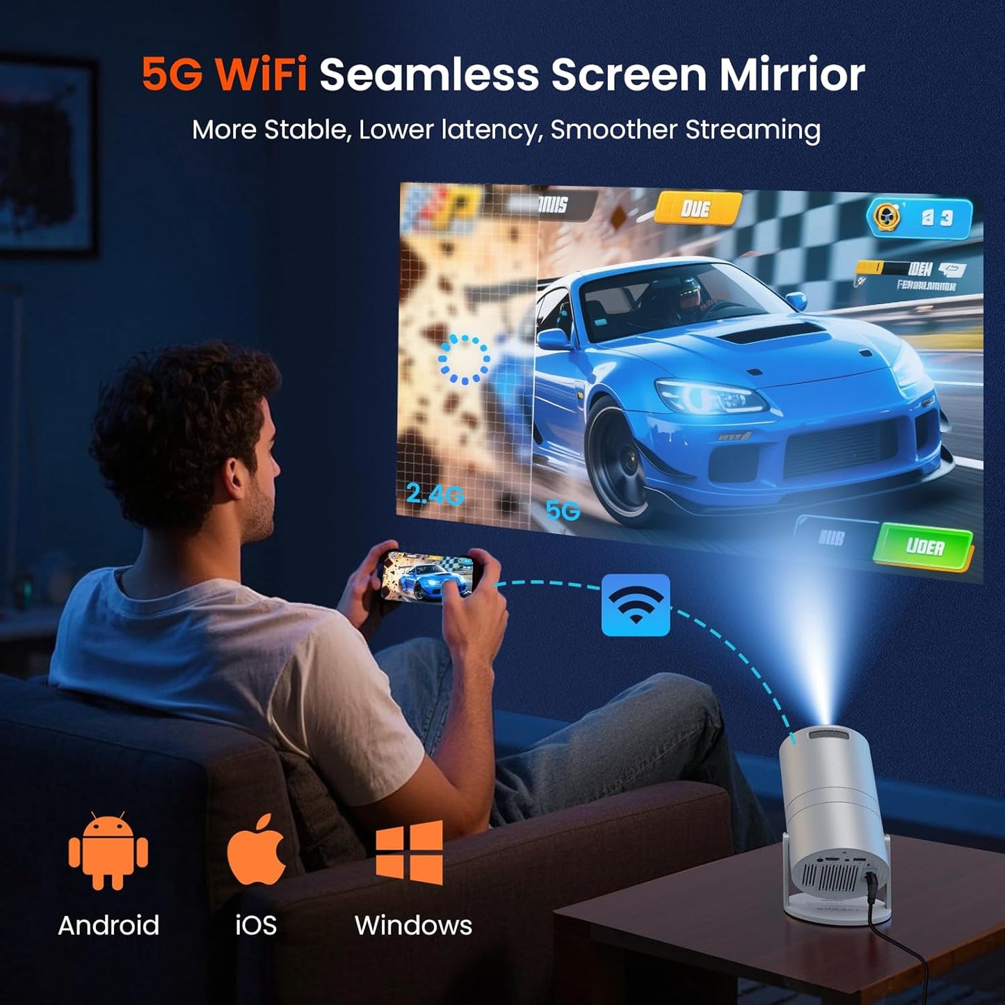 WISHOLY Mini Projector - WiFi/Bluetooth, 180° Rotation & Auto Keystone