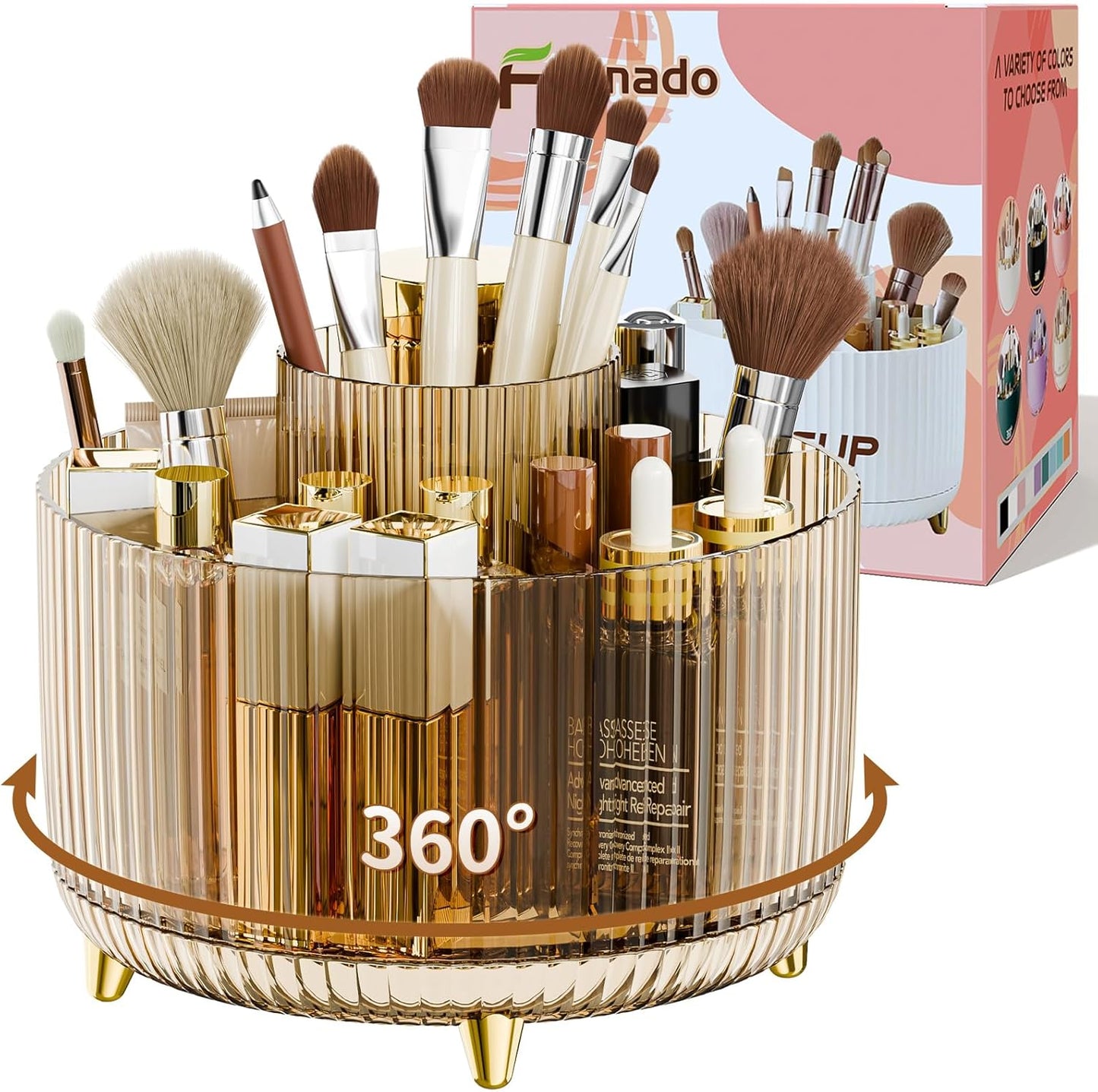 GlowSpin™ 360° Rotating Makeup Organizer - 5-Compartment Desktop Storage for Brushes, Lipsticks & Cosmetics