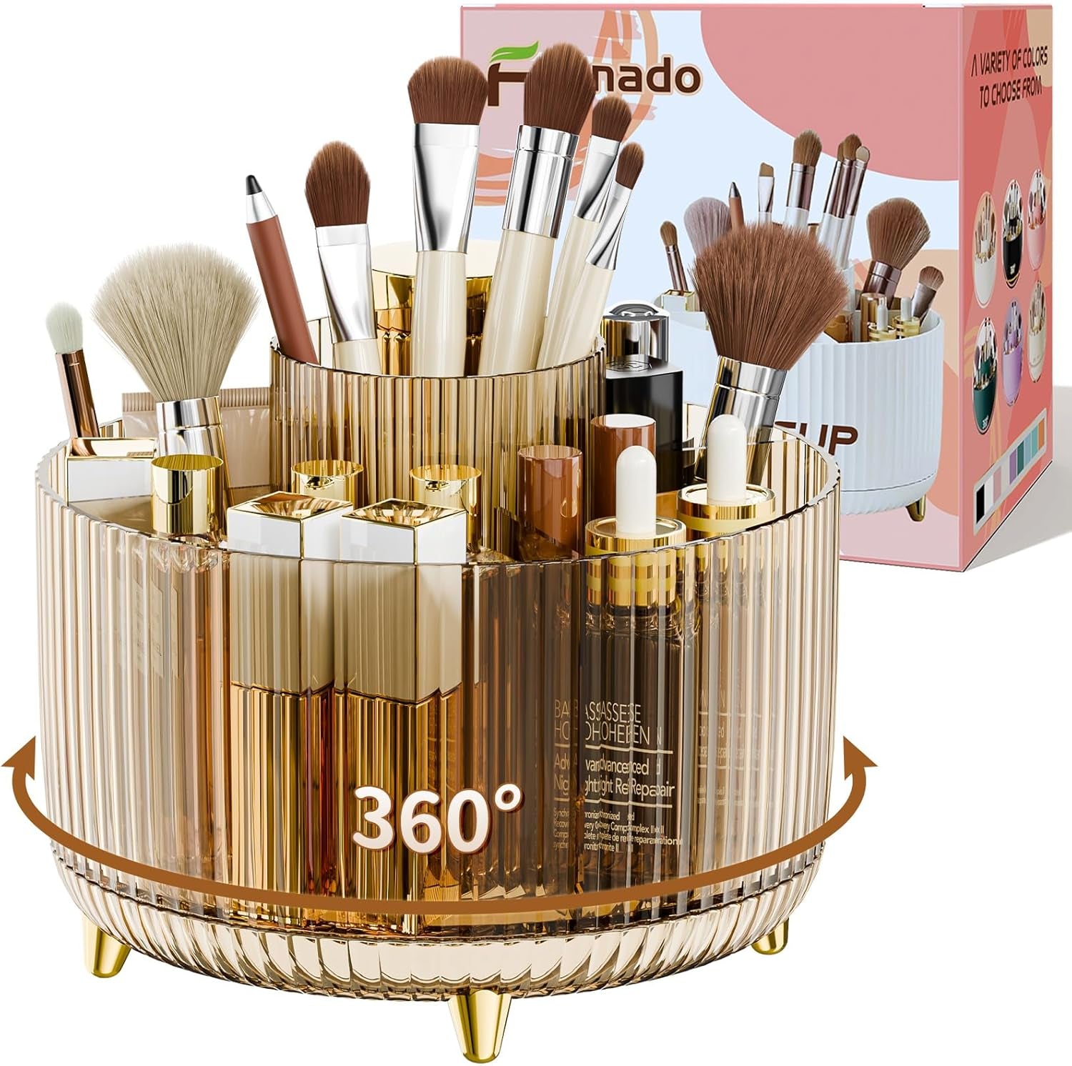 GlowSpin™ 360° Rotating Makeup Organizer - 5-Compartment Desktop Storage for Brushes, Lipsticks & Cosmetics