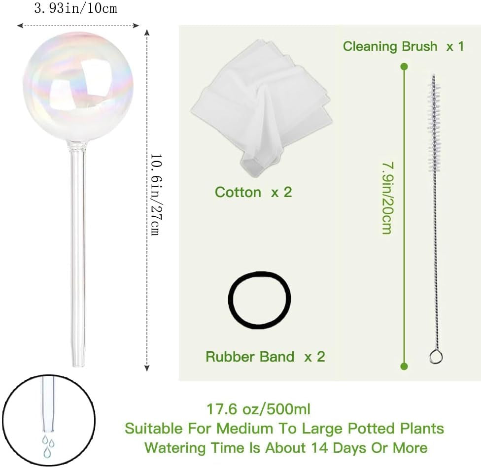 2-Pack Glass Watering Globes - 17oz, 2-Week Self-Watering for Plants (Iridescent