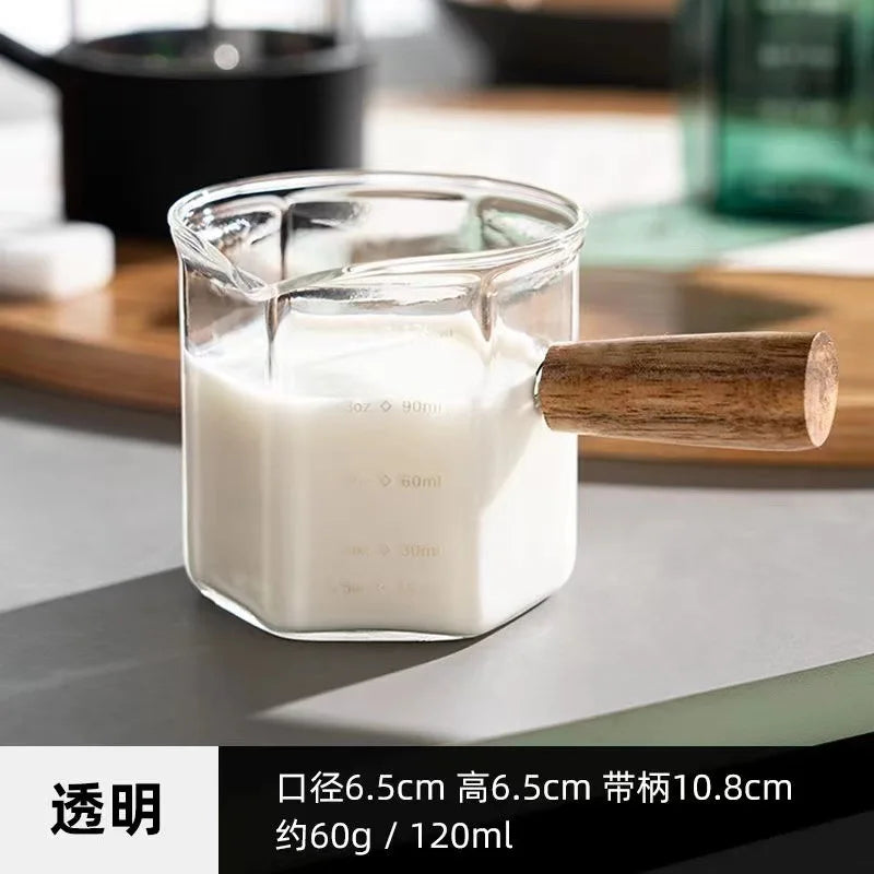 Geometric Coffee Art Jug - Precision 120ml Glass Espresso Cup with Ergonomic Wooden Handle