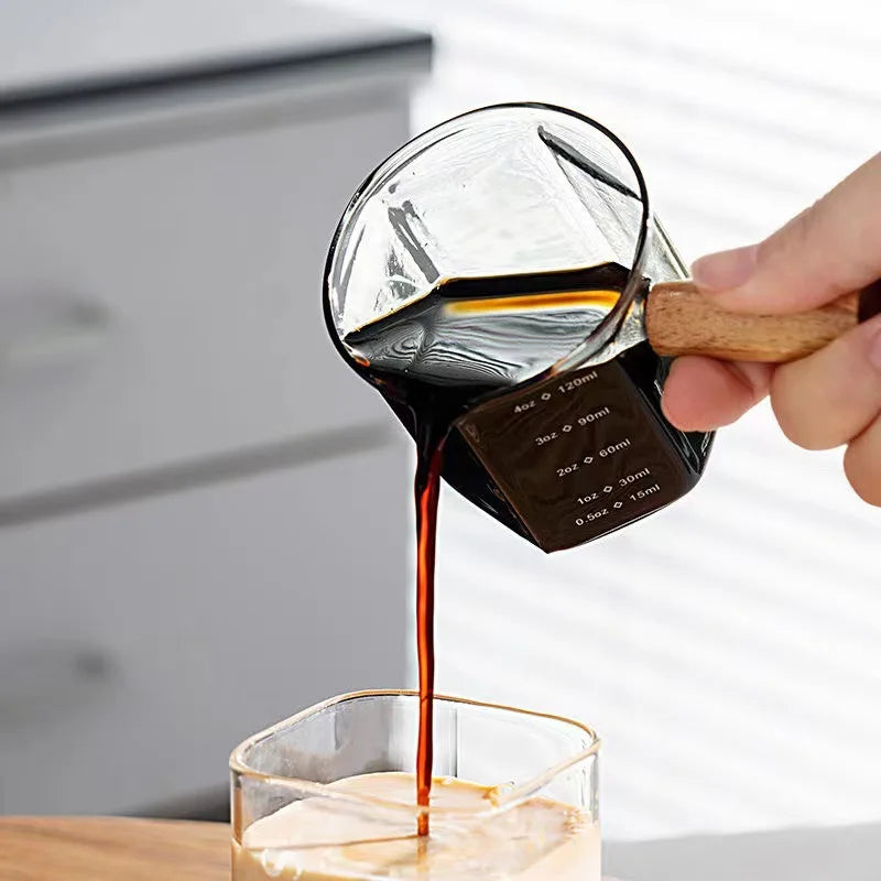 Geometric Coffee Art Jug - Precision 120ml Glass Espresso Cup with Ergonomic Wooden Handle