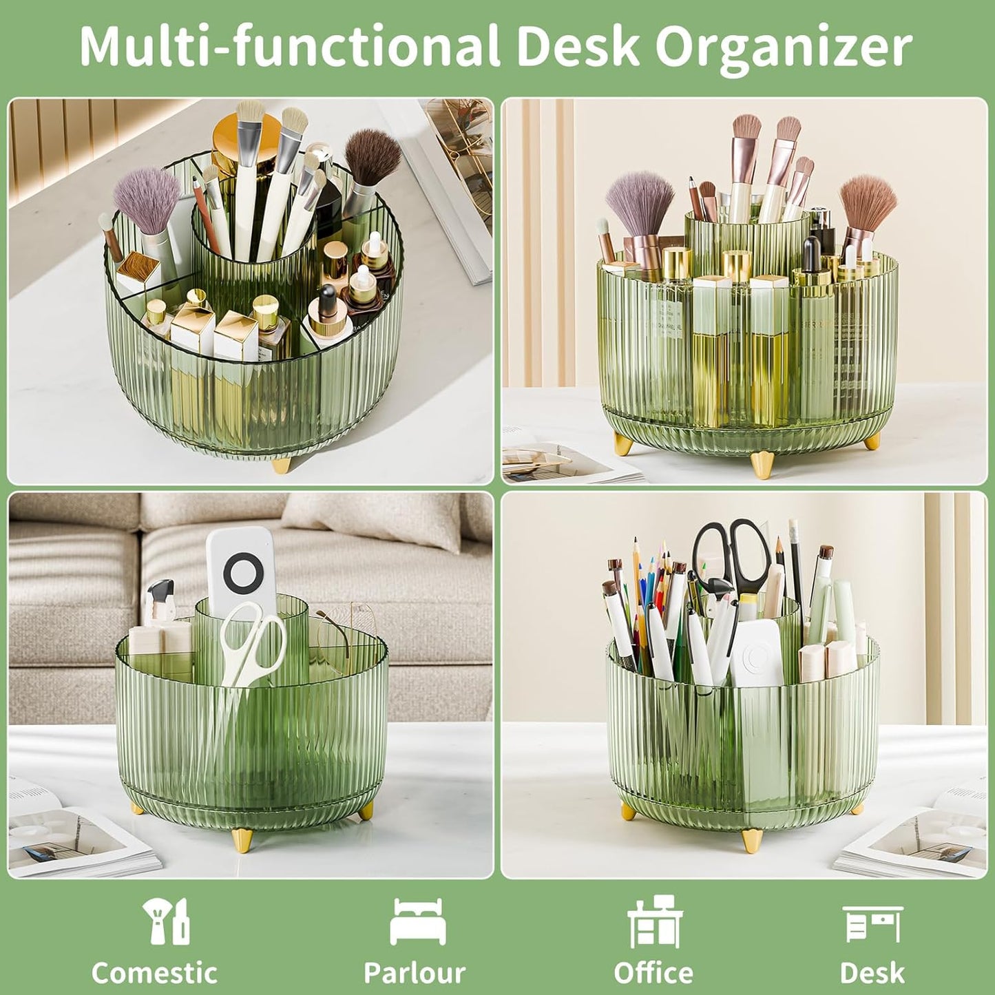 GlowSpin™ 360° Rotating Makeup Organizer - 5-Compartment Desktop Storage for Brushes, Lipsticks & Cosmetics
