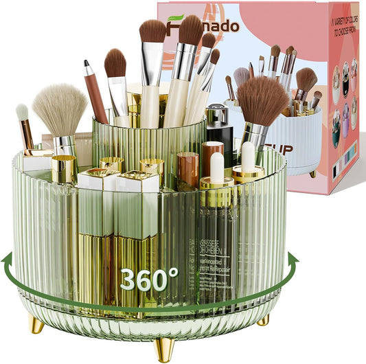 GlowSpin™ 360° Rotating Makeup Organizer - 5-Compartment Desktop Storage for Brushes, Lipsticks & Cosmetics