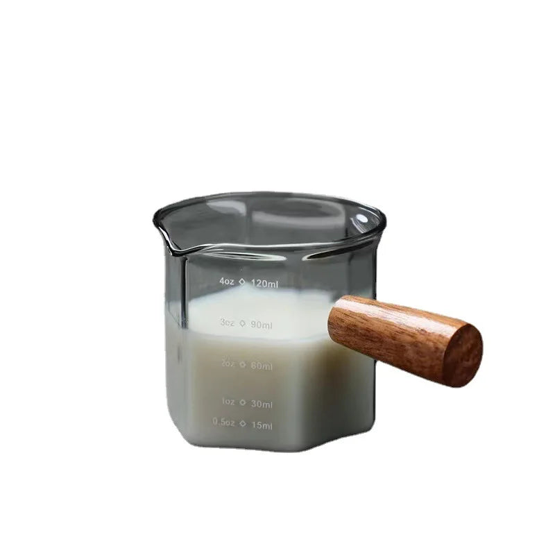 Geometric Coffee Art Jug - Precision 120ml Glass Espresso Cup with Ergonomic Wooden Handle