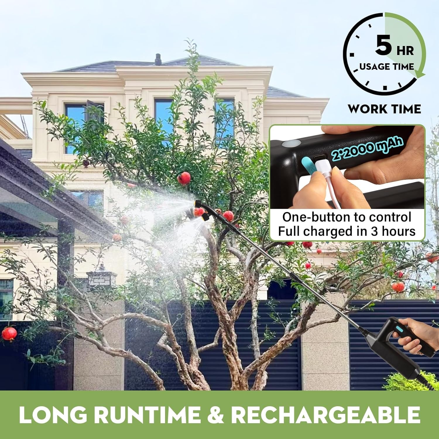 2-Gal Cordless Garden Sprayer - 4 Nozzles, Retractable Wand, 5H Runtime
