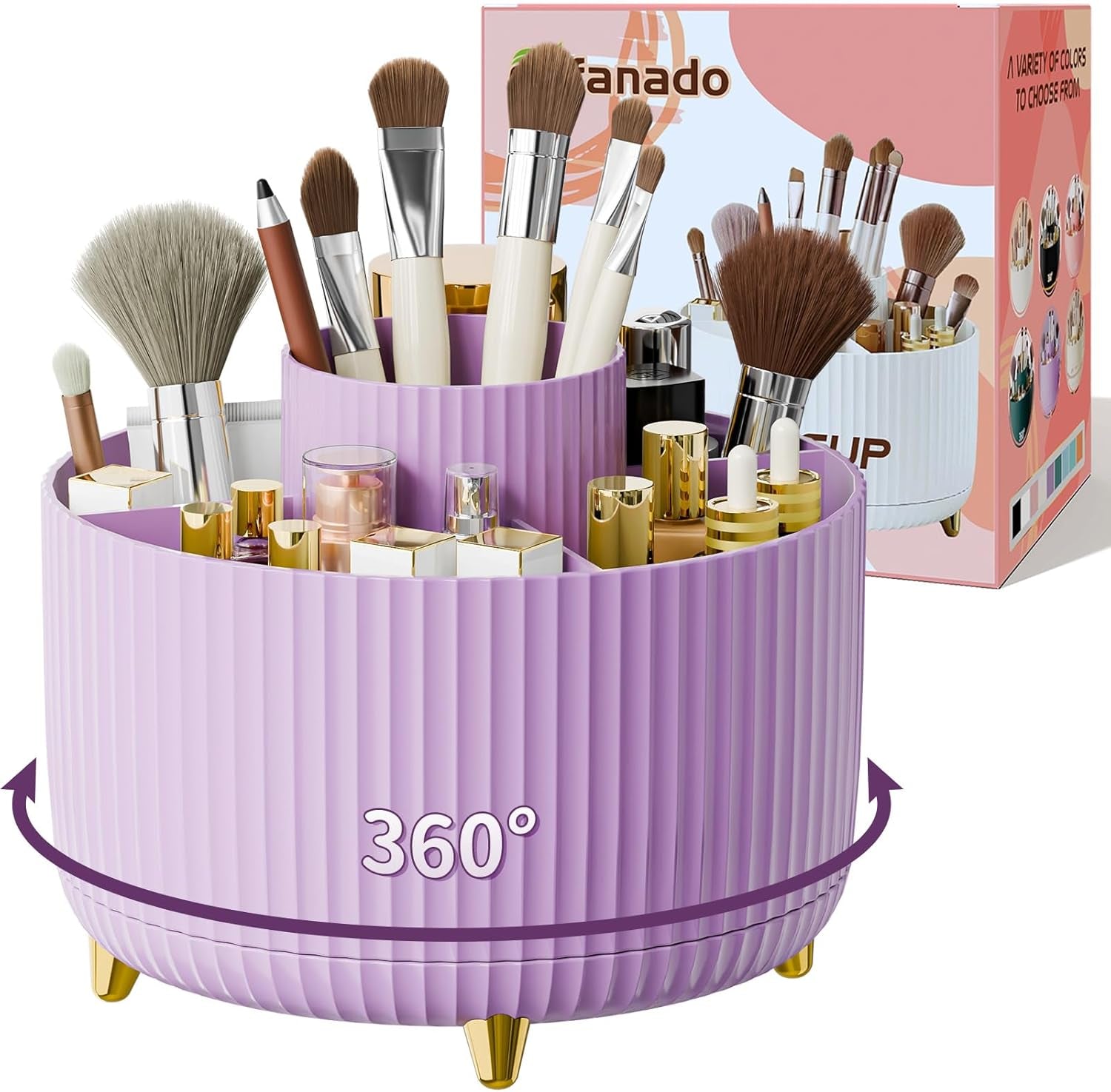 GlowSpin™ 360° Rotating Makeup Organizer - 5-Compartment Desktop Storage for Brushes, Lipsticks & Cosmetics