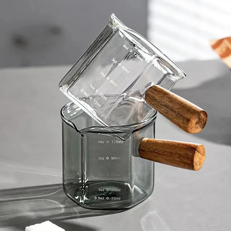 Geometric Coffee Art Jug - Precision 120ml Glass Espresso Cup with Ergonomic Wooden Handle