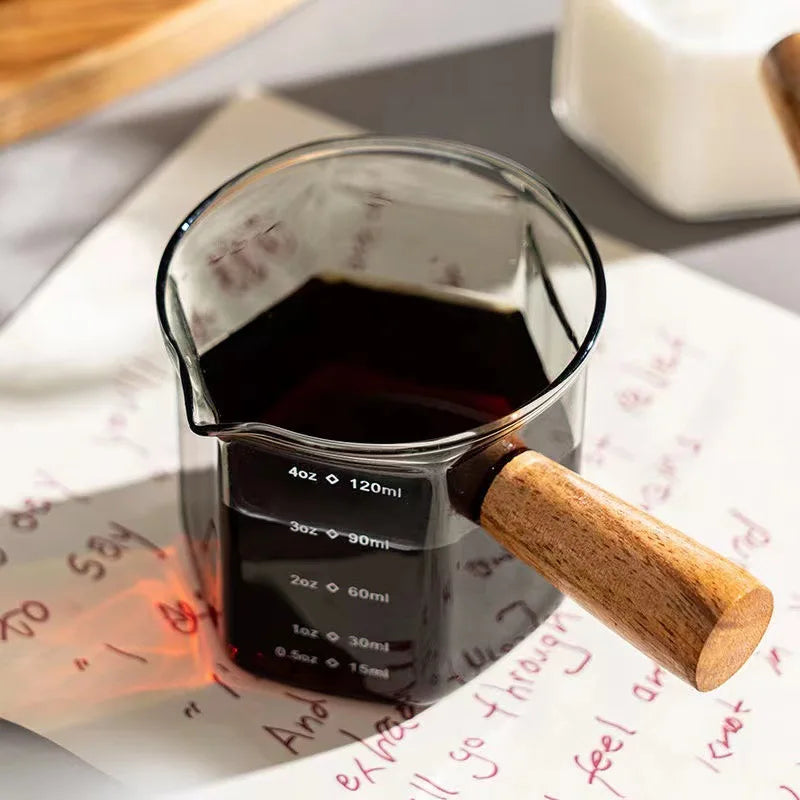 Geometric Coffee Art Jug - Precision 120ml Glass Espresso Cup with Ergonomic Wooden Handle