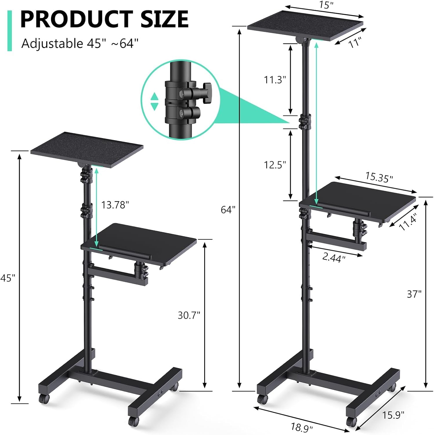 Height-Adjustable Laptop Cart - 360° Casters, 180° Tilt Trays