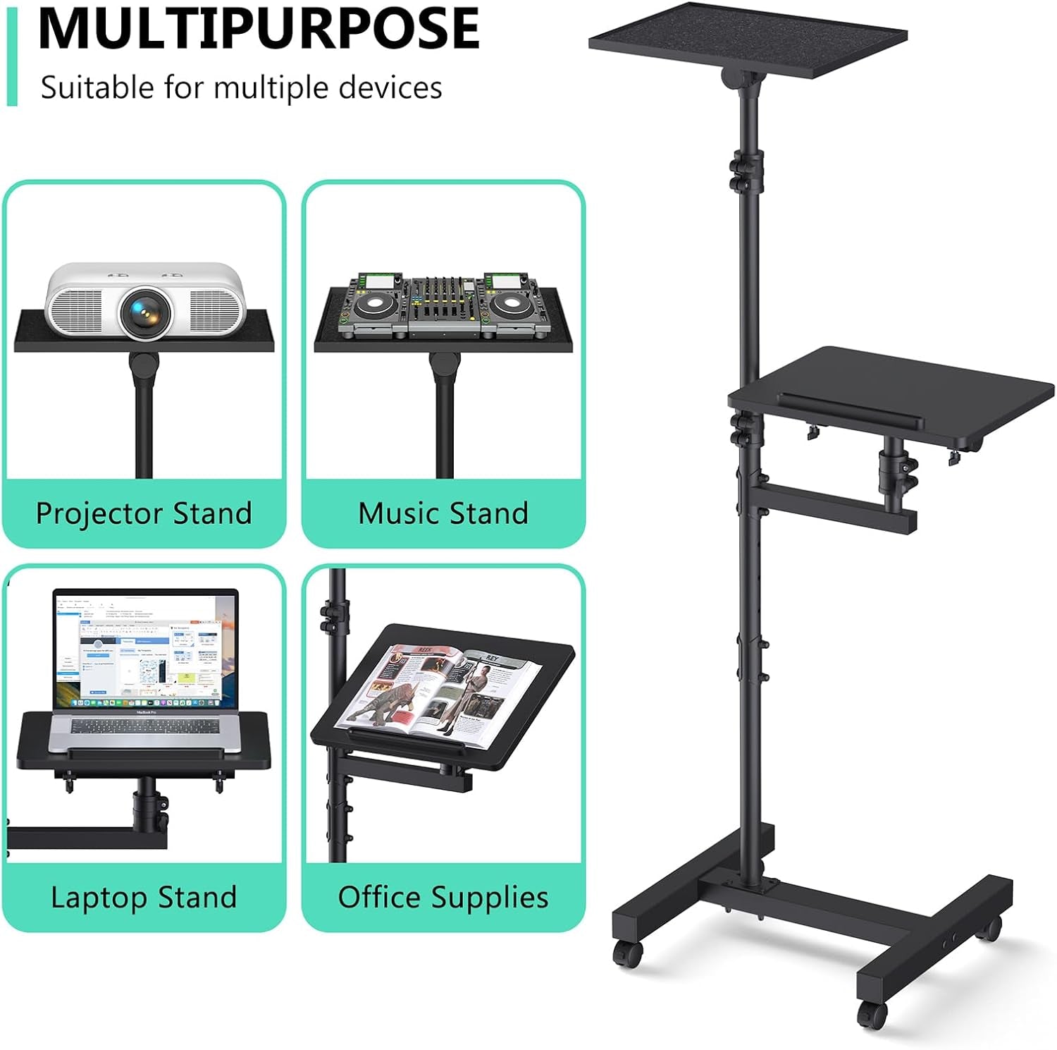 Height-Adjustable Laptop Cart - 360° Casters, 180° Tilt Trays