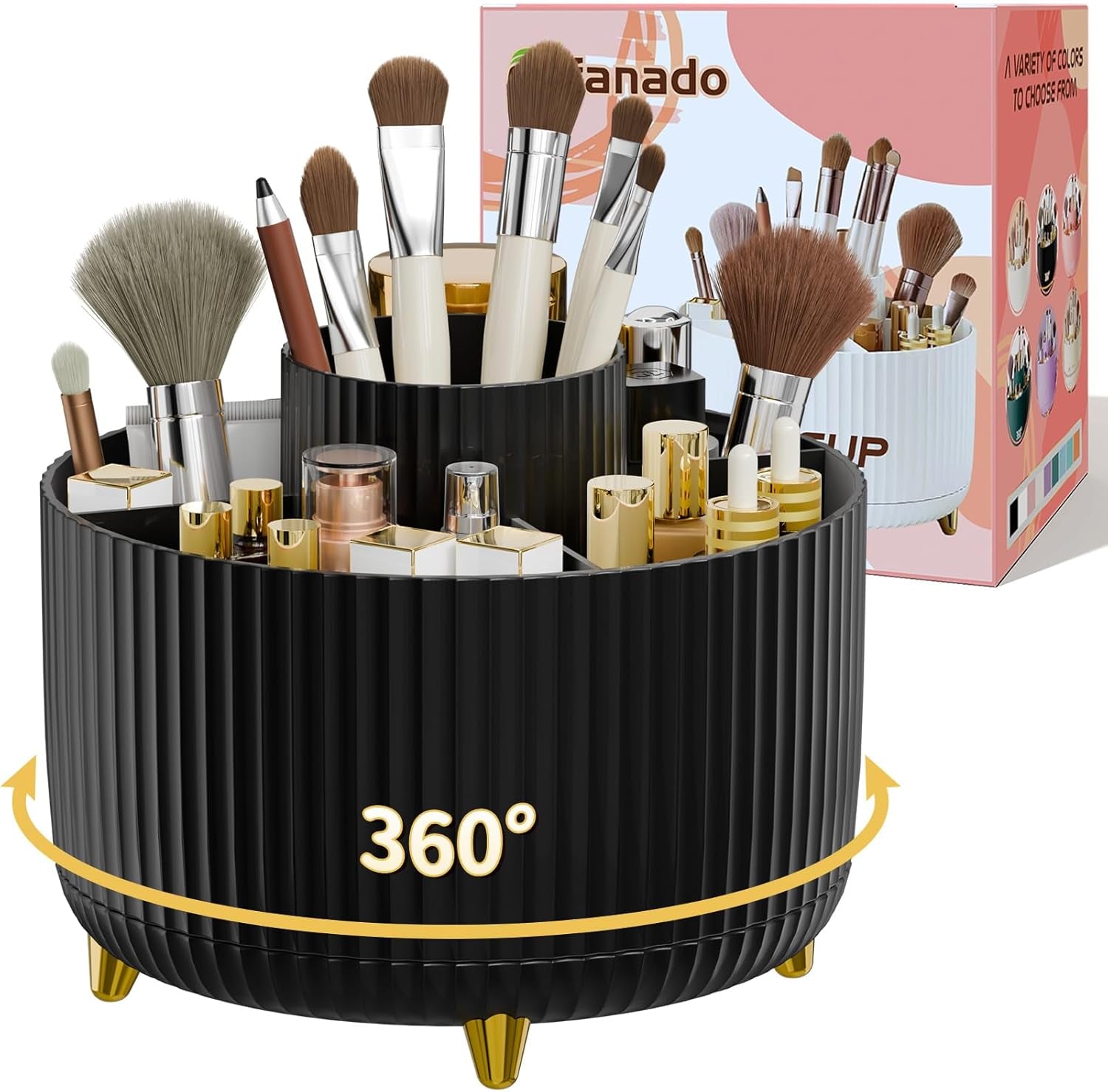 GlowSpin™ 360° Rotating Makeup Organizer - 5-Compartment Desktop Storage for Brushes, Lipsticks & Cosmetics