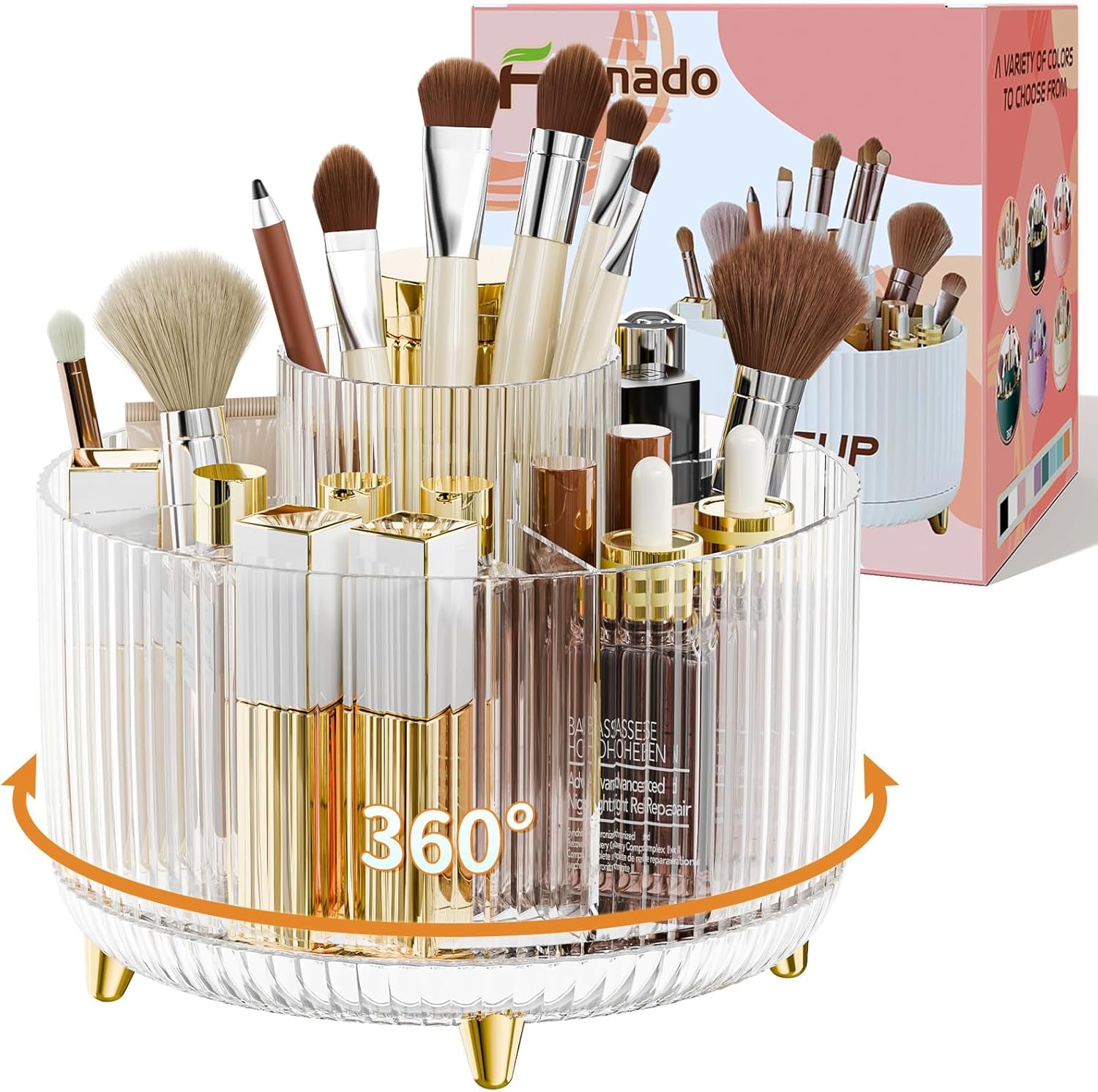 GlowSpin™ 360° Rotating Makeup Organizer - 5-Compartment Desktop Storage for Brushes, Lipsticks & Cosmetics
