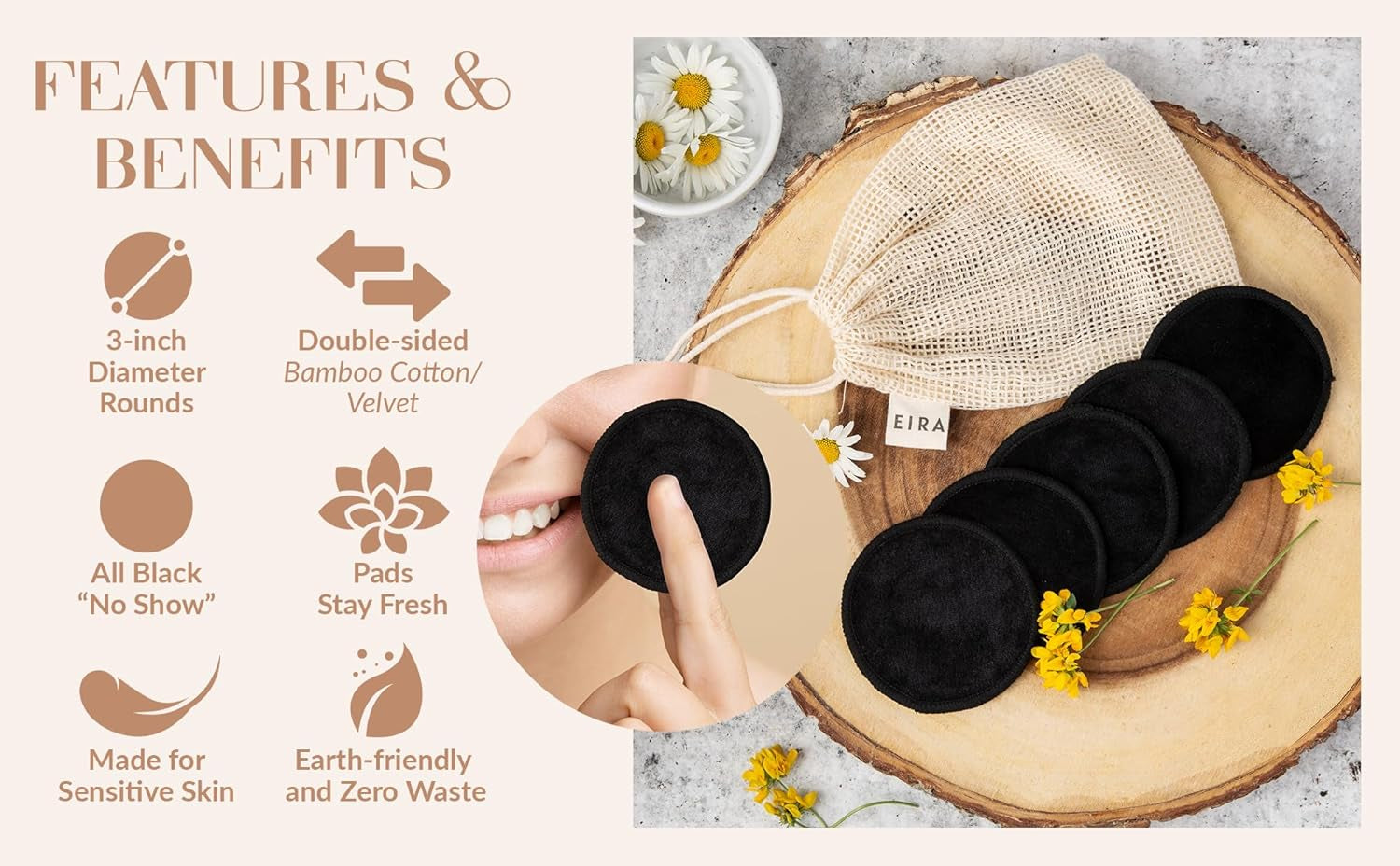 Eira's Reusable Makeup Pads - Black Bamboo Rounds with Wooden Holder